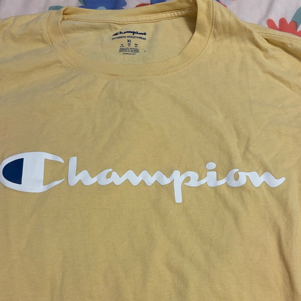 Champion Pale Yellow Tee with White Script Logo